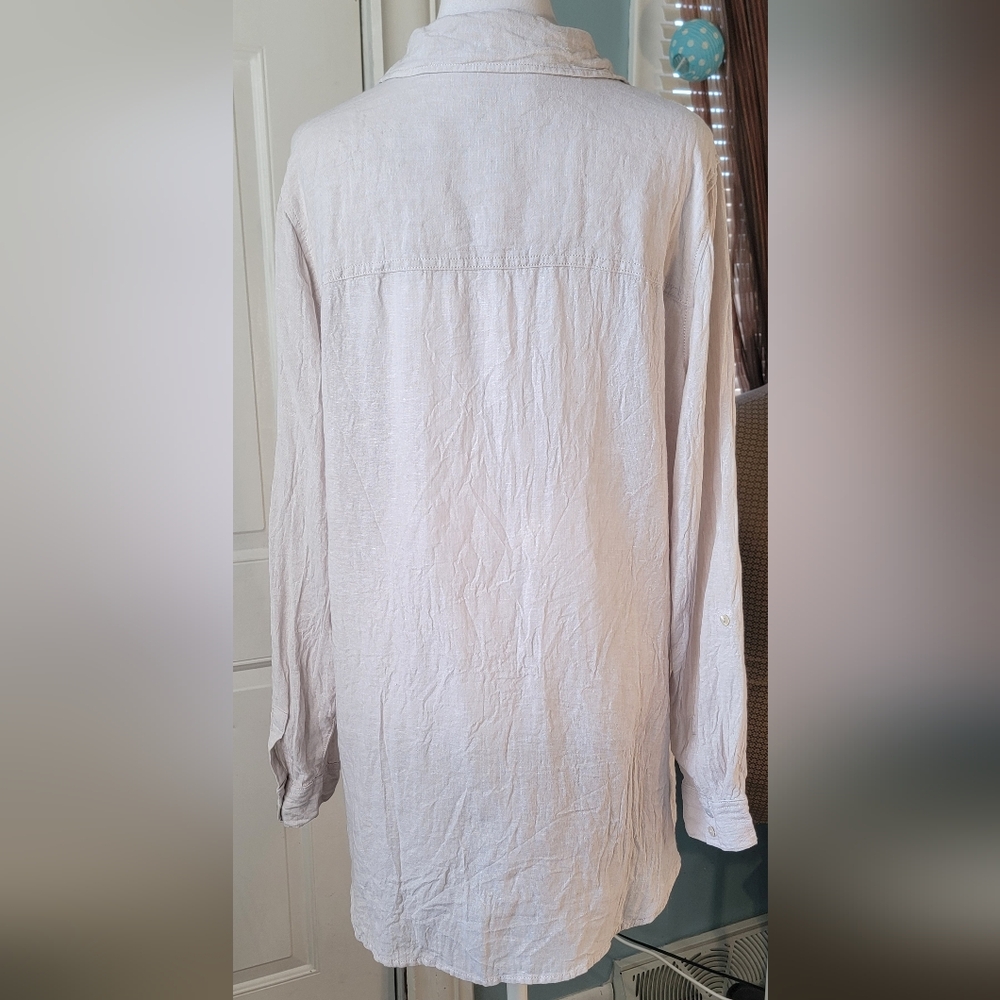 Sigrid Olsen 100% Linen Button Down Shirt Women's L Oatmeal Long Roll Tab Sleeve - Picture 4 of 10